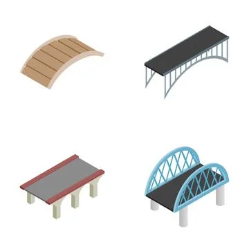 Isometric bridge set illustrating various architectural structures Stock Illustration