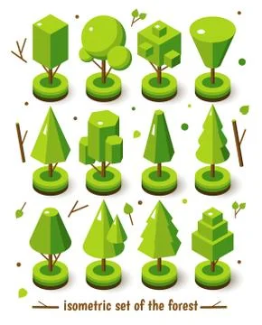 Isometric bright tree set. Landscape constructor kit. Different trees for make Stock Illustration