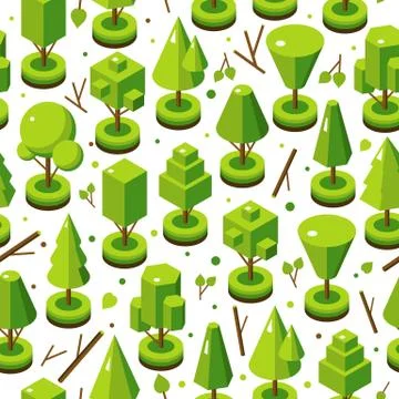 Isometric bright tree set in seamless pattern. Landscape constructor kit Stock Illustration