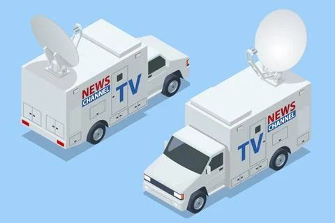 Isometric Broadcast Car with Satellite Dish. Car TV. Television Network. TV Live Illustrazione stock