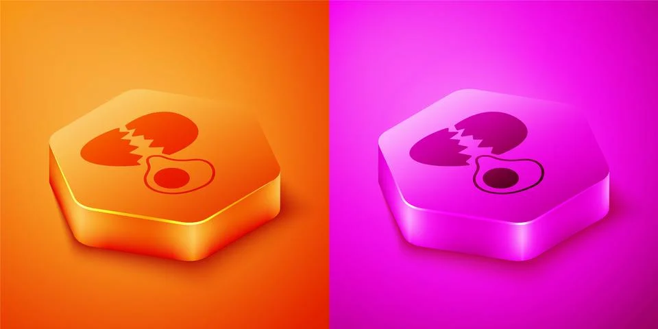 Isometric Broken egg icon isolated on orange and pink background. Happy Easter Stock Illustration