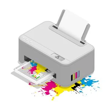 Isometric broken office printer with spilled ink and damaged documents. Rep.. Stock-Illustration
