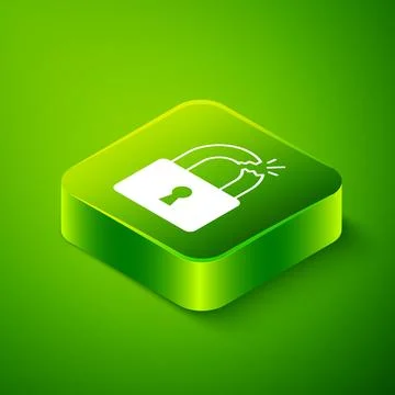 Isometric Broken or cracked lock icon isolated on green background. Unlock sign Stock Illustration