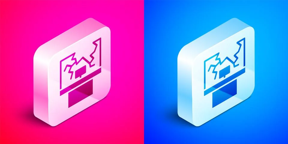 Isometric Broken window icon isolated on pink and blue background. Damaged Ilustración de archivo