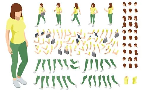 Isometric brown-haired woman character constructor. Front and back view. Various Stock Illustration