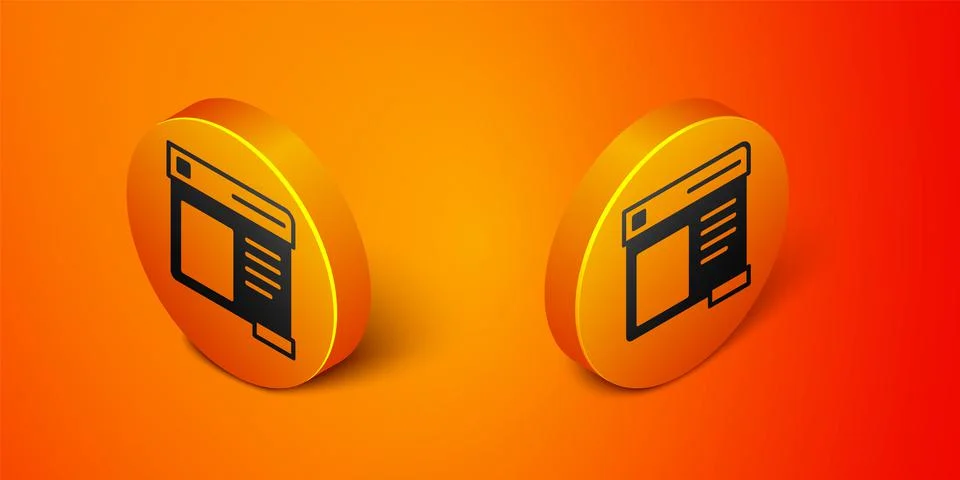 Isometric Browser window icon isolated on orange background. Orange circle Stock Illustration