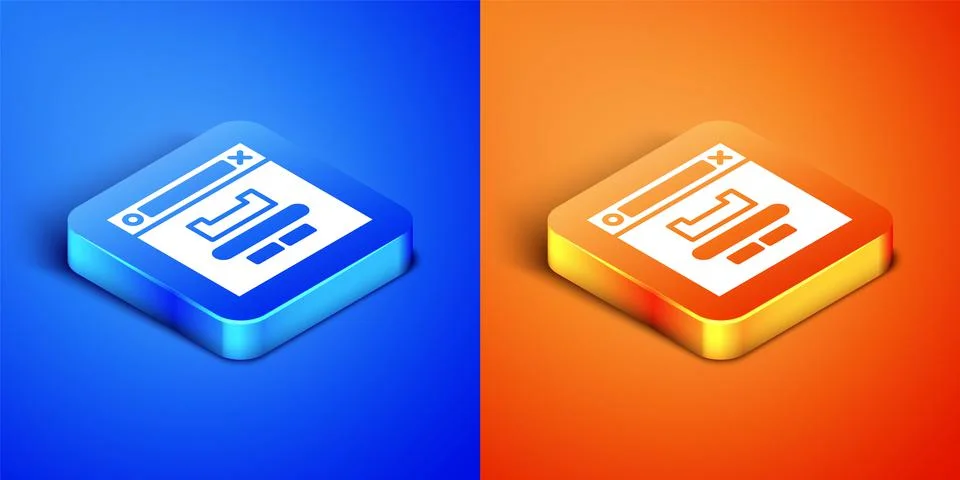 Isometric Browser window icon isolated on blue and orange background. Square 库存插图