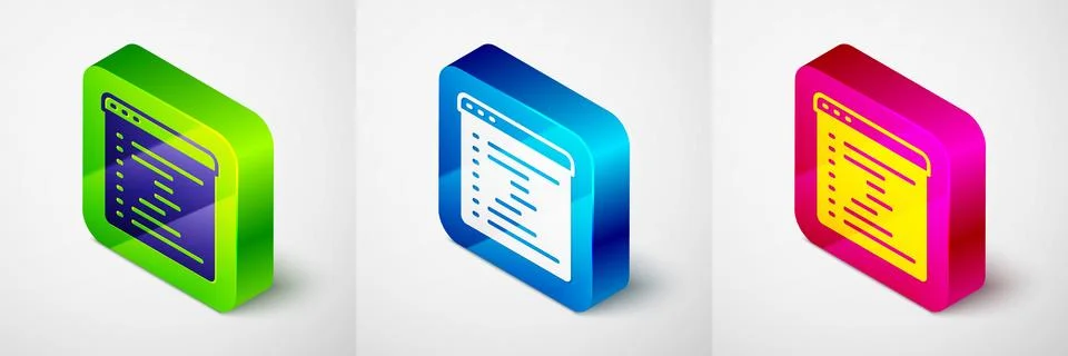 Isometric Browser window icon isolated on grey background. Square button. V.. Stock Illustration