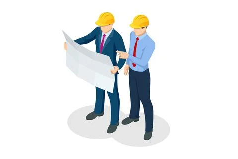 Isometric Builders On Building Site Looking At Plan. Business plan development Ilustración de archivo