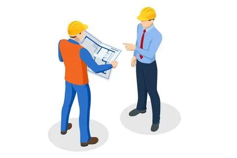 Isometric Builders On Building Site Looking At Plan. Business plan development Ilustración de archivo