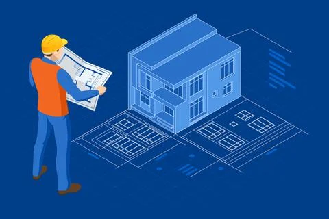 Isometric Builders On Building Site Looking At Plan. Virtual Reality Illustrazione stock