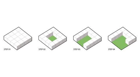Isometric building mass development step diagram Ilustración de archivo