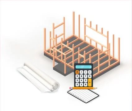 Isometric building, timber frame house construction. Architecture project Stock Illustration