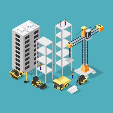 Isometric building under construction illustrated on background Stock Illustration