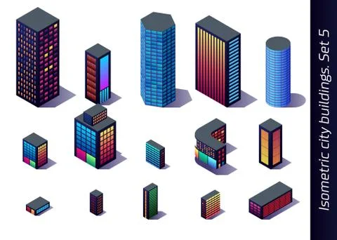 Isometric buildings for map, game or decoration with downtown, industrial and Ilustración de archivo