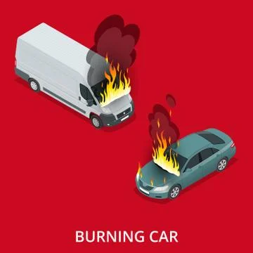 Isometric Burning car on the road Stock Illustration