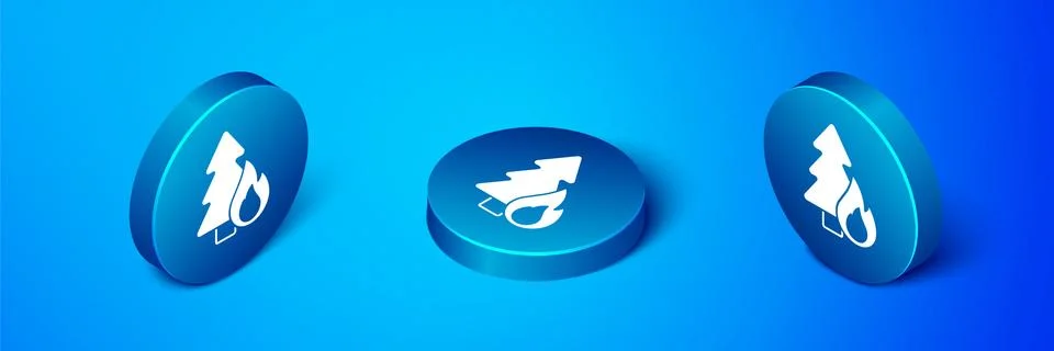 Isometric Burning forest trees in fire flames icon isolated on blue background Illustrazione stock
