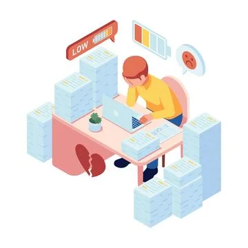 Isometric Burnout Office Worker Stressed at Desk with Low Energy Stock Illustration