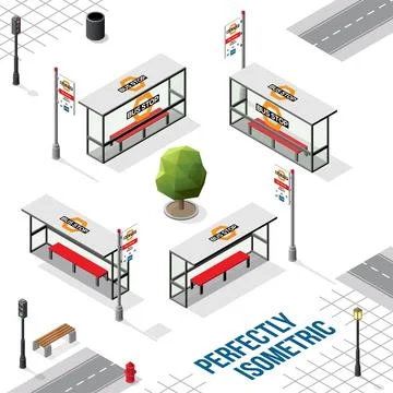 Isometric Bus Stops from Front Back Right and Left Views Stock Illustration
