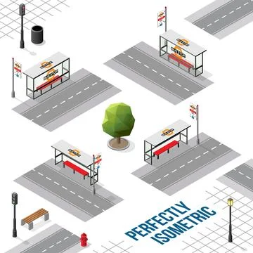 Isometric Bus Stops with Roads from Front Back Right and Left Views Stock Illustration