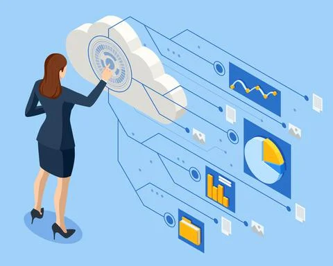 Isometric business analysis, Internet of things IoT, cloud network, research Stock Illustration
