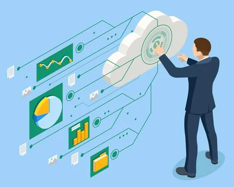 Isometric business analysis, Internet of things IoT, cloud network, research Stock Illustration