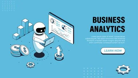Isometric business analytics poster. Internet bot with graphs, charts and イラスト素材