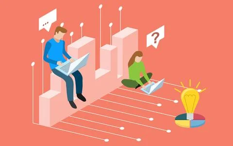Isometric business analytics teamwork concept with people working on laptop. Stockillustratie