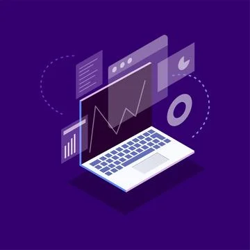 Isometric of a business building integrated with computer and digital Stock Illustration