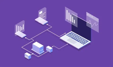 Isometric of a business building integrated with computer and digital 스톡 일러스트