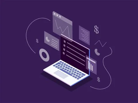 Isometric of a business building integrated with computer and digital Stock Illustration