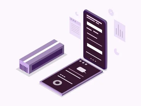 Isometric of a business building integrated with computer and digital Illustrazione stock