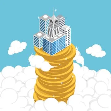 Isometric business building on stack of coin above the cloud Stock Illustration