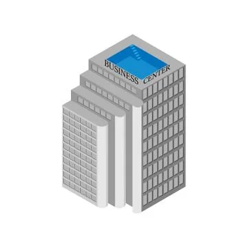 Isometric business center building with elevators and a rooftop pool. Isolated Stock Illustration