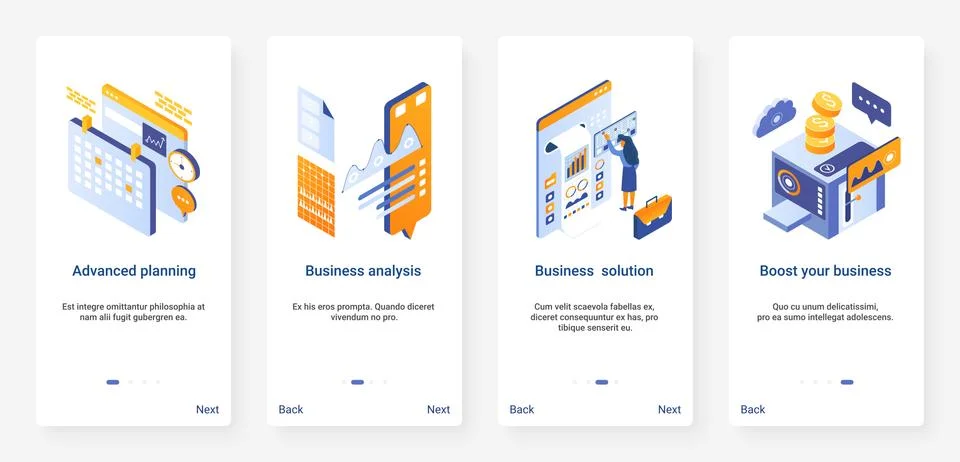 Isometric business data analysis process UX, UI onboarding mobile app page Stock Illustration
