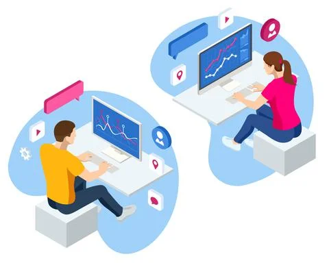 Isometric Business data analytics process management on virtual screen showing Stock Illustration