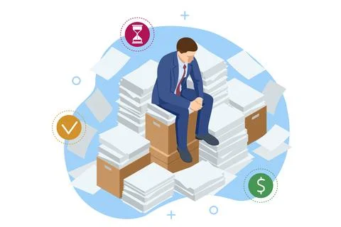 Isometric business deadline concept with stressed businessman sitting on archive Stockillustratie