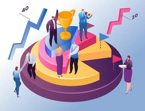 Isometric business graph, vector illustration, tiny flat man woman character Ilustração Stock