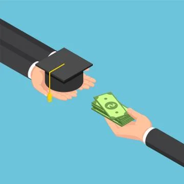 Isometric business hands exchanging between money and graduation cap Stock Illustration