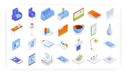 Isometric business icon set, vector illustration. Home comfort, furniture Stock Illustration