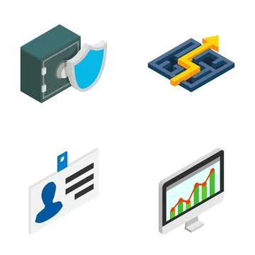 Isometric business icons representing security, solutions, and growth Stock Illustration