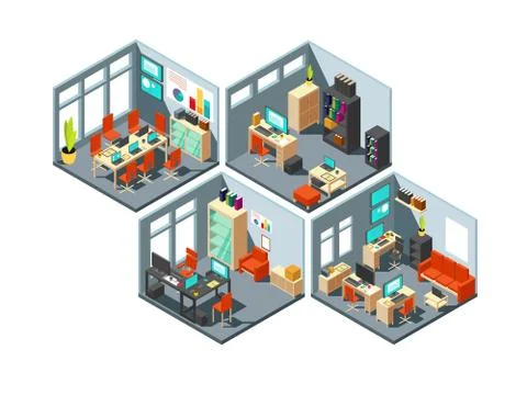 Isometric business offices with different workspaces. 3d vector office plan 스톡 일러스트
