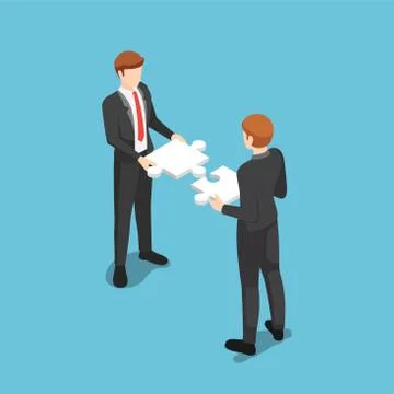 Isometric business people assembling compatibility jigsaw puzzle together Stock Illustration