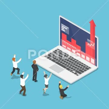 Isometric business people happy when graph growth up through laptop monitor. Stock Illustrationen