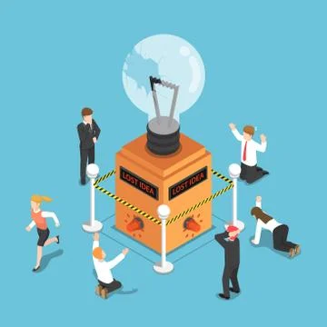 Isometric business people shocked when light bulb of idea is damaged Illustrazione stock
