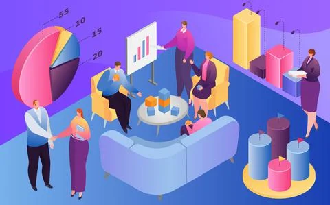 Isometric business people teamwork, vector illustration, 3d tiny man woman Stock Illustration
