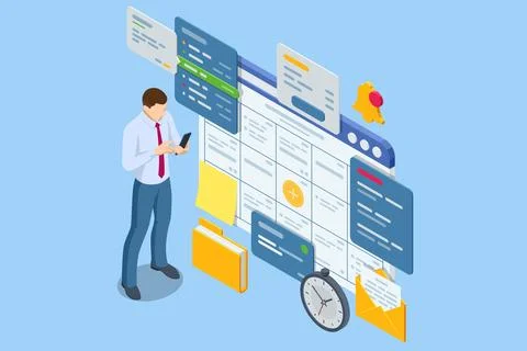 Isometric Business Project Management System. Project manager updating tasks and 스톡 일러스트