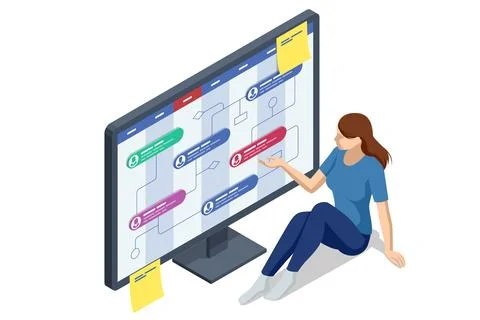 Isometric Business Project Management System. Project manager updating tasks and 스톡 일러스트