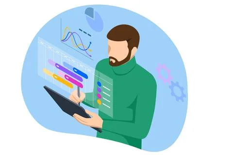 Isometric Business Project Management System. Schedule for plan tasks and Ilustración de archivo