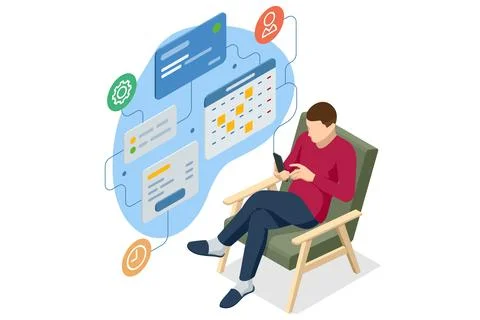 Isometric Business Project Management System. Project manager updating tasks and Stock Illustration